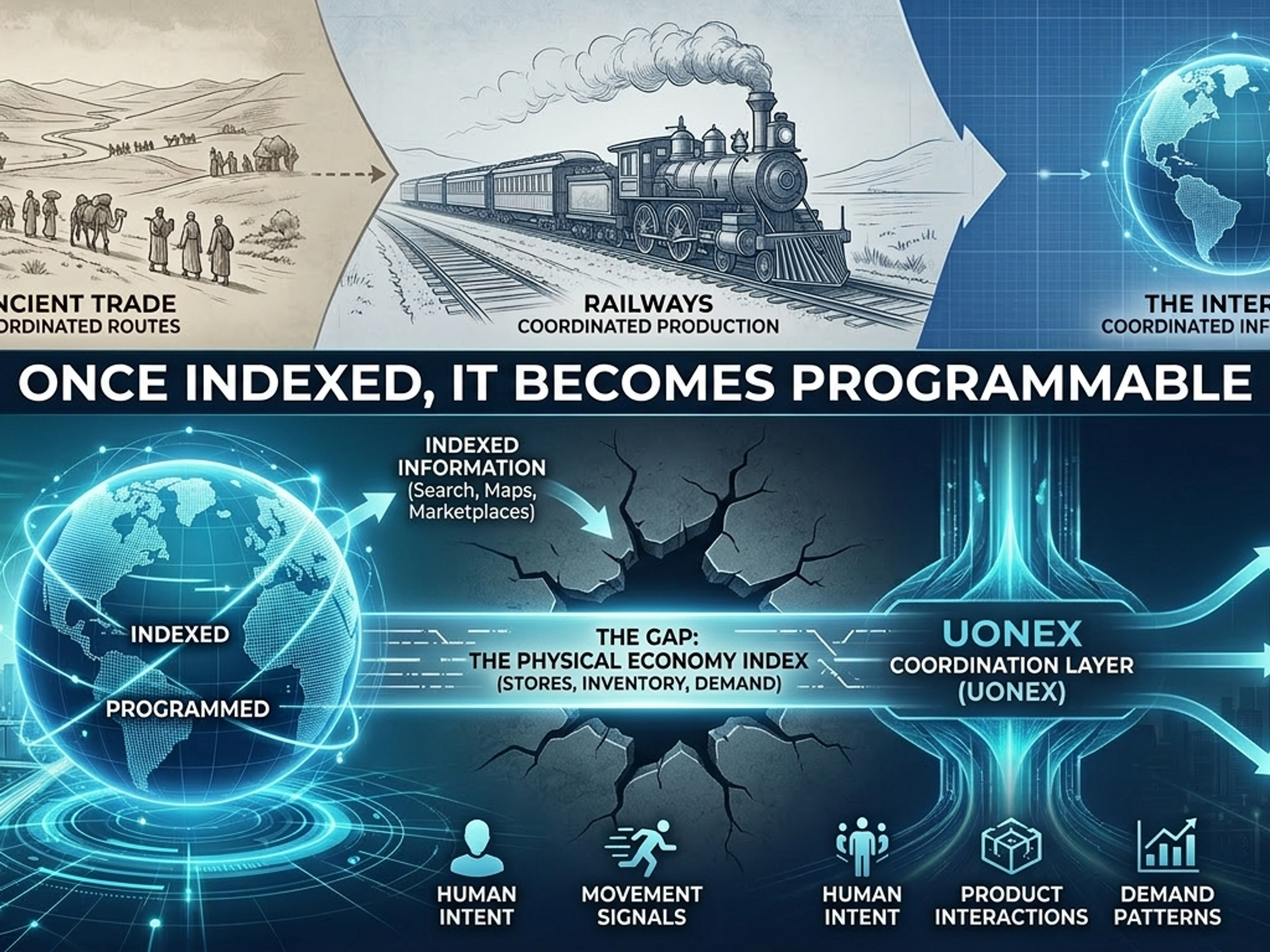The image illustrates the transition from a fragmented physical economy to a programmable one. It positions UONEX not as a storefront, but as an infrastructure layer that bridges the gap between digital data and physical atoms, turning real-world signals into an intelligent, responsive economic system.