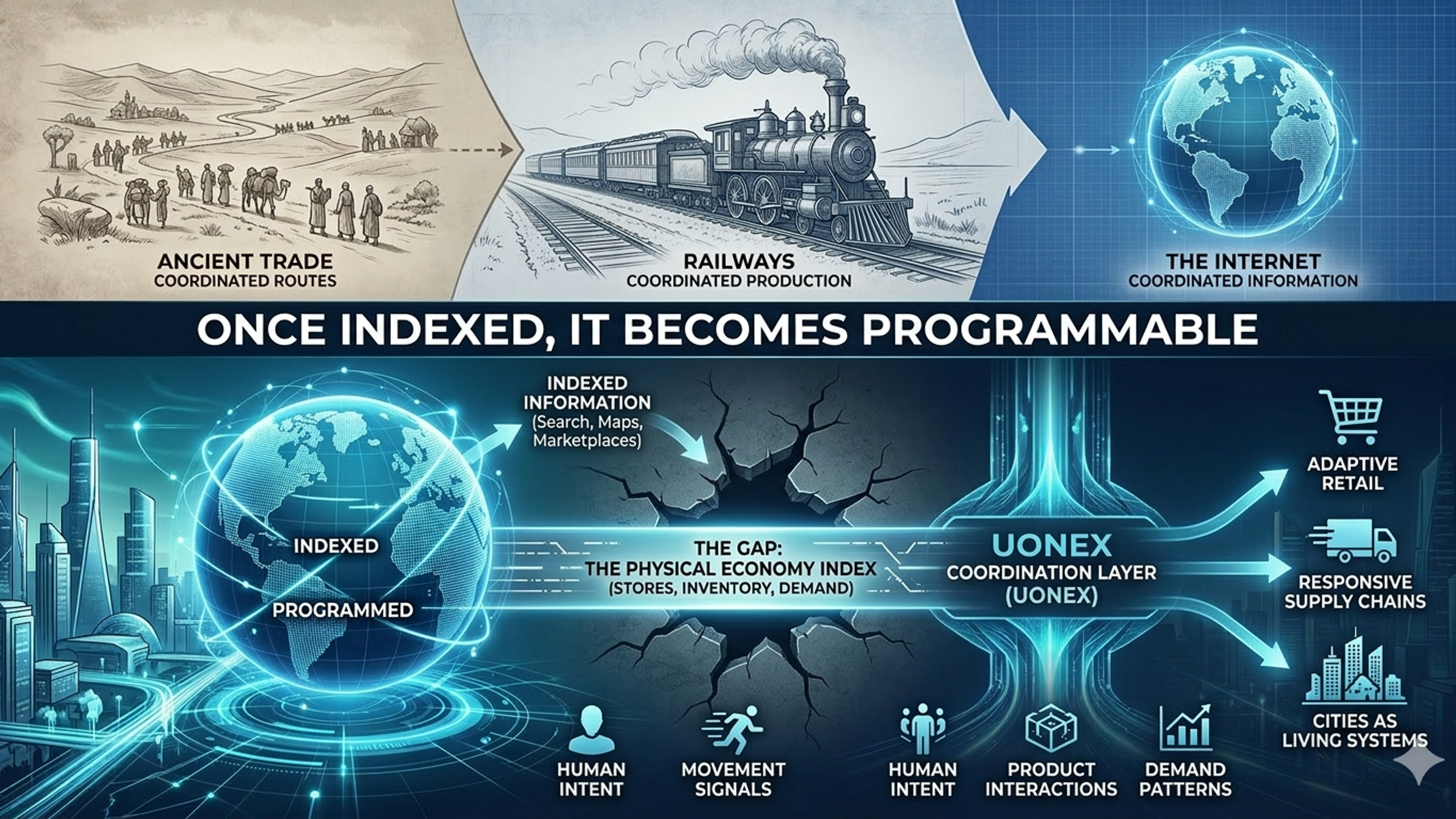 The image illustrates the transition from a fragmented physical economy to a programmable one. It positions UONEX not as a storefront, but as an infrastructure layer that bridges the gap between digital data and physical atoms, turning real-world signals into an intelligent, responsive economic system.