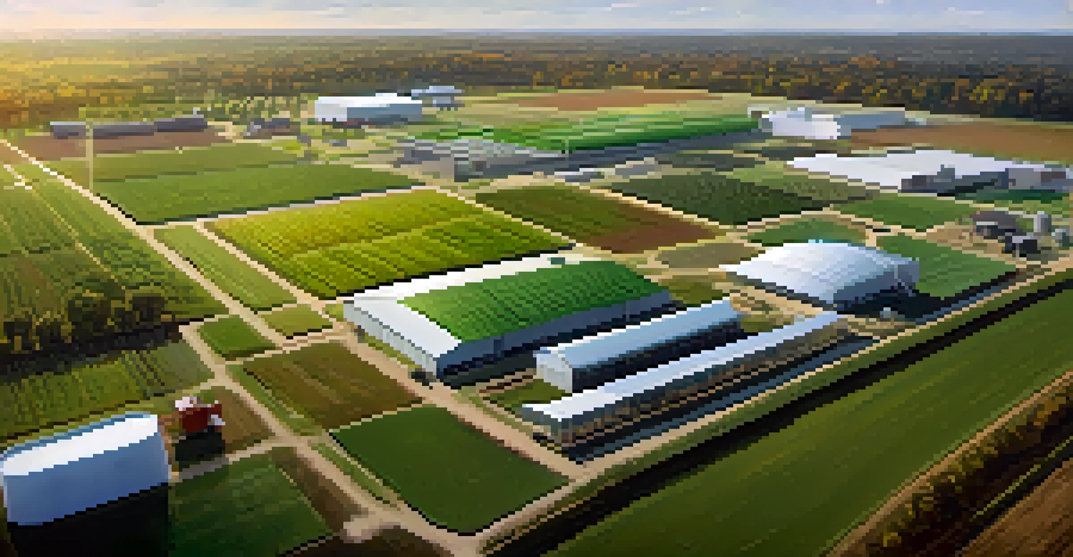 Aerial view of an agricultural innovation hub with fields, greenhouses, and people working together on modern farming technologies.