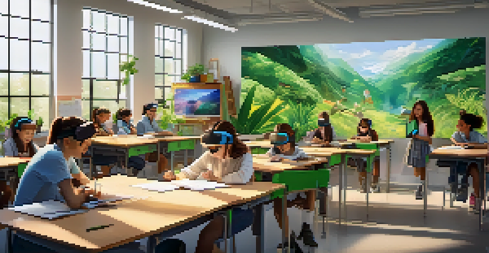 A bright classroom where students are using virtual reality headsets and collaborating on projects, with a teacher assisting them.