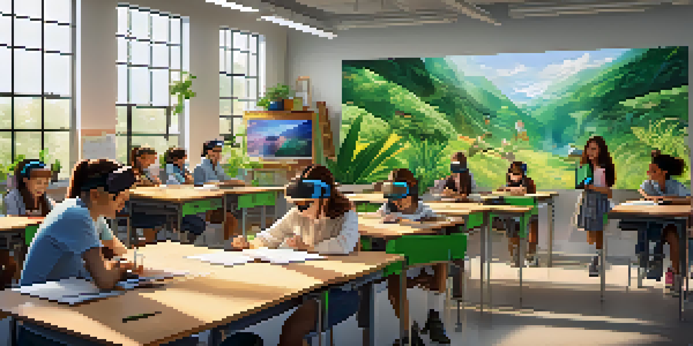 A bright classroom where students are using virtual reality headsets and collaborating on projects, with a teacher assisting them.