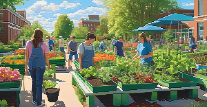 A community garden at Michigan State University with students and faculty planting vegetables and flowers under a clear blue sky.