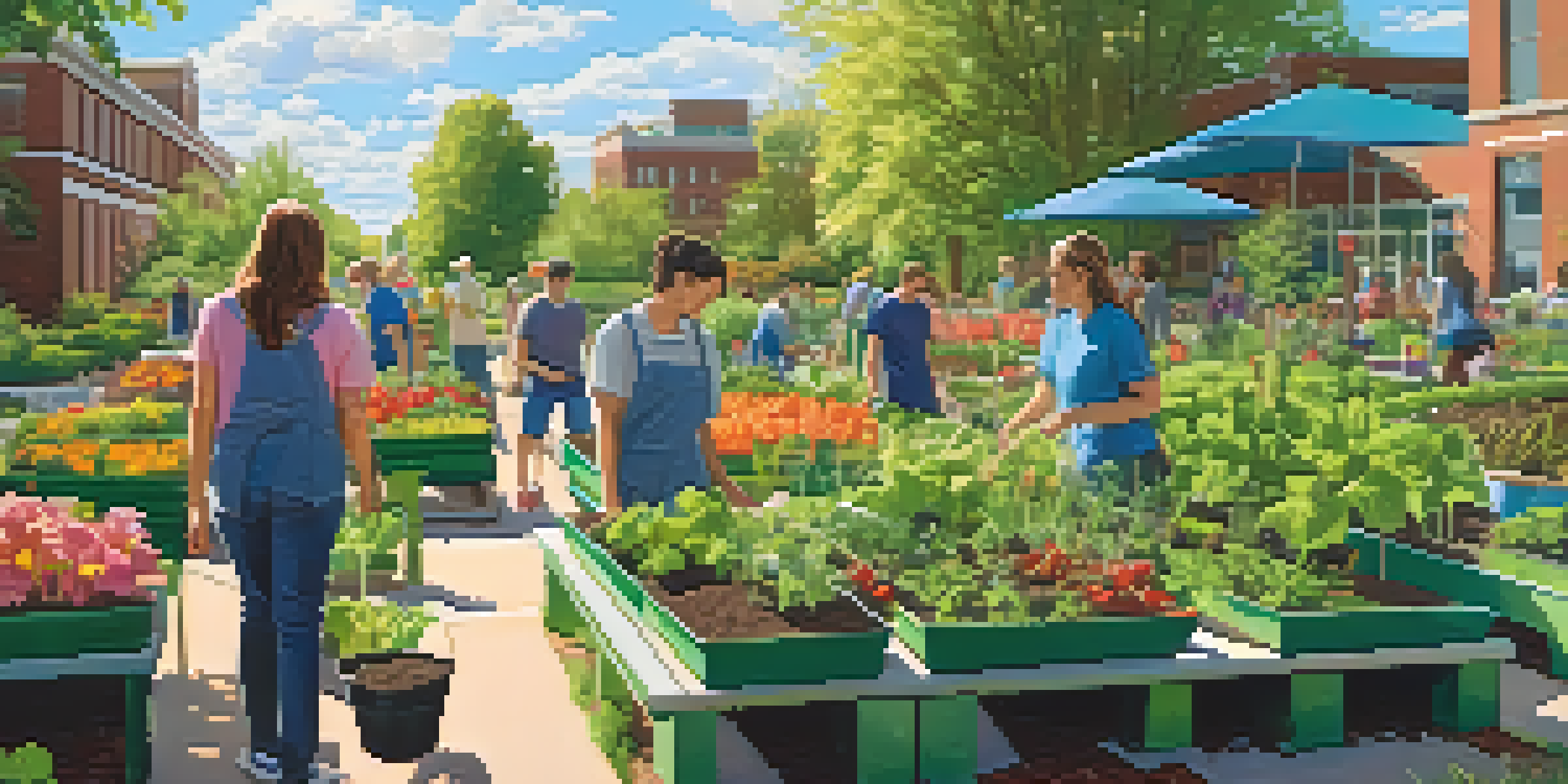 A community garden at Michigan State University with students and faculty planting vegetables and flowers under a clear blue sky.