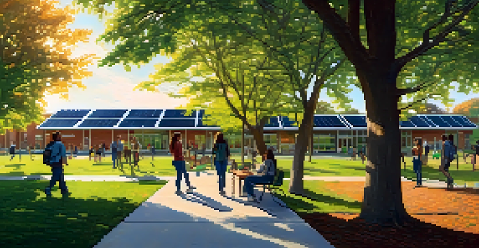 A wide view of Michigan State University's campus with solar panels, green grass, trees, and students discussing sustainability under a clear blue sky.
