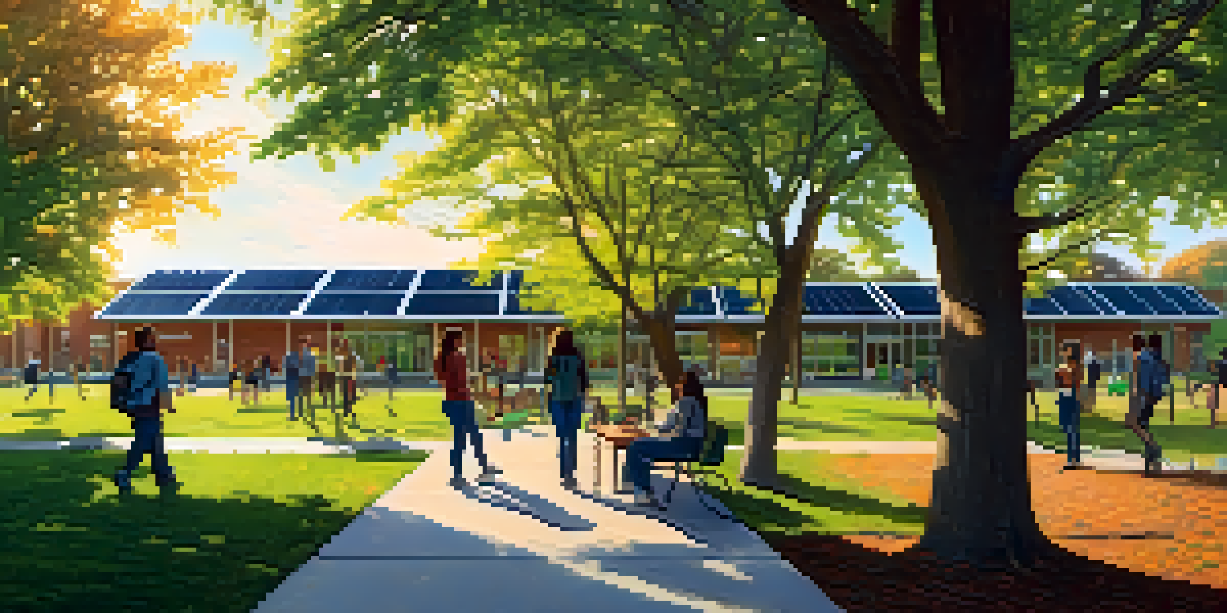 A wide view of Michigan State University's campus with solar panels, green grass, trees, and students discussing sustainability under a clear blue sky.