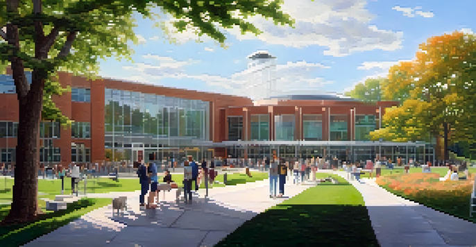 A wide-angle view of Michigan State University's College of Veterinary Medicine with students and faculty engaging outside in a sunny environment.