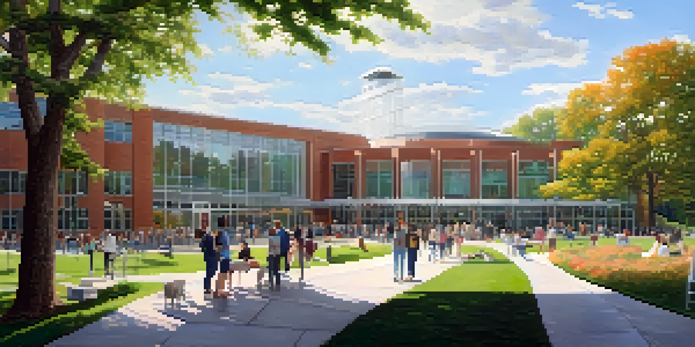 A wide-angle view of Michigan State University's College of Veterinary Medicine with students and faculty engaging outside in a sunny environment.