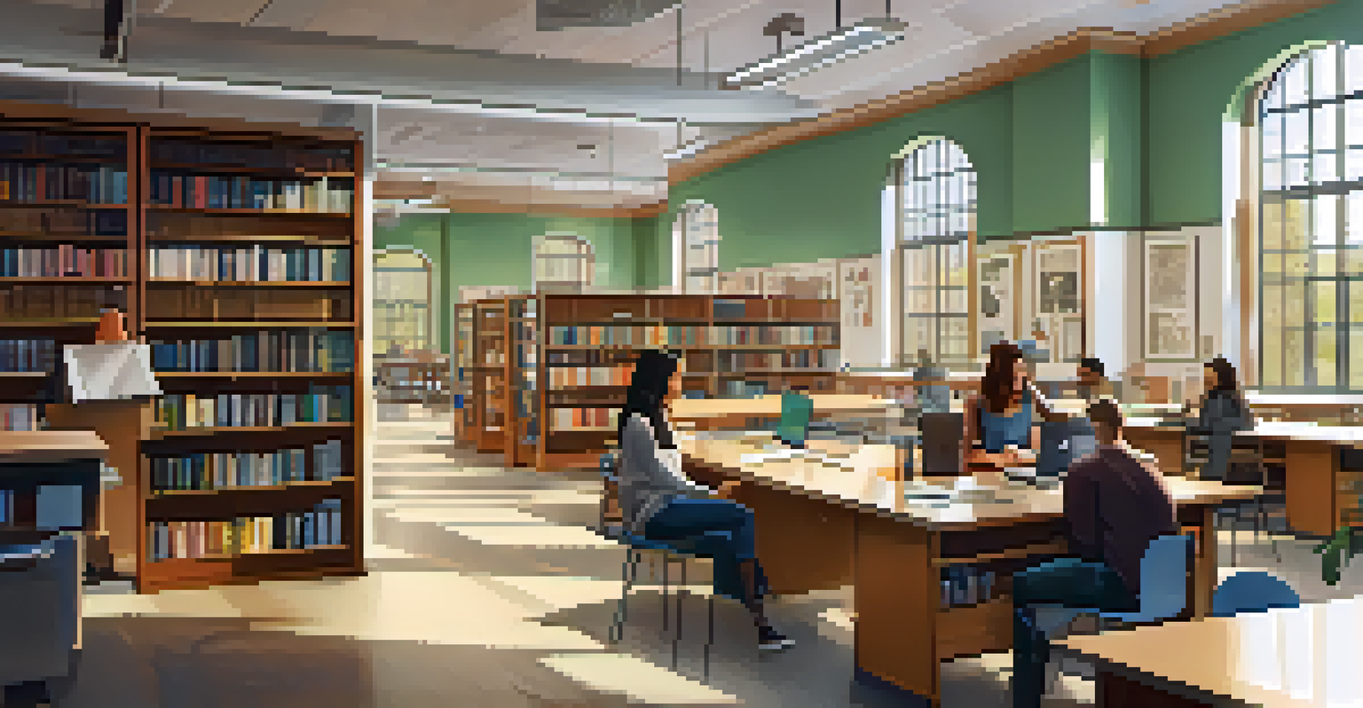 A cozy library study area with diverse students collaborating on projects in a well-lit environment with bookshelves.