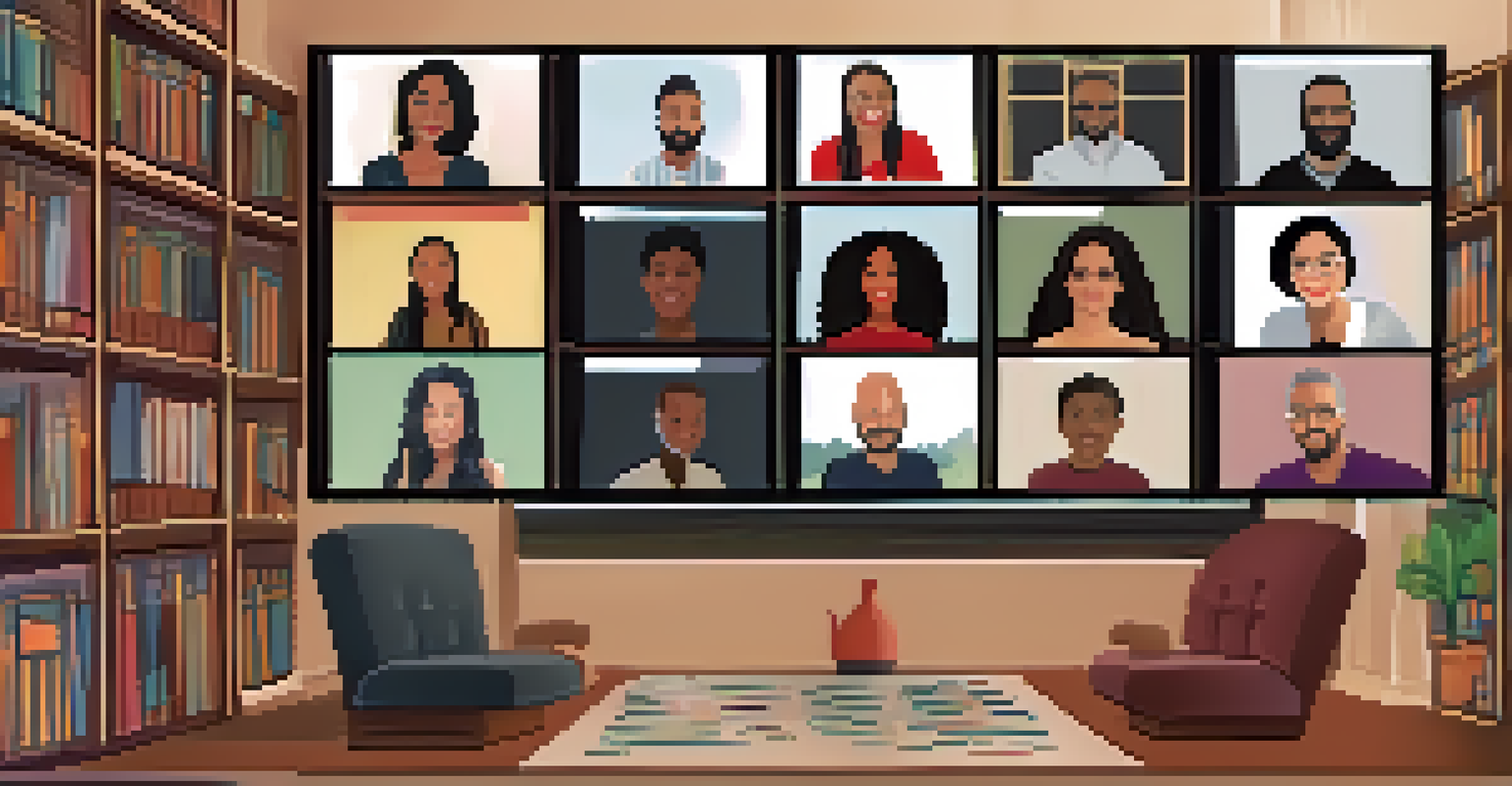 A cozy room with a screen showing a diverse panel of speakers discussing cultural diversity in an online webinar.