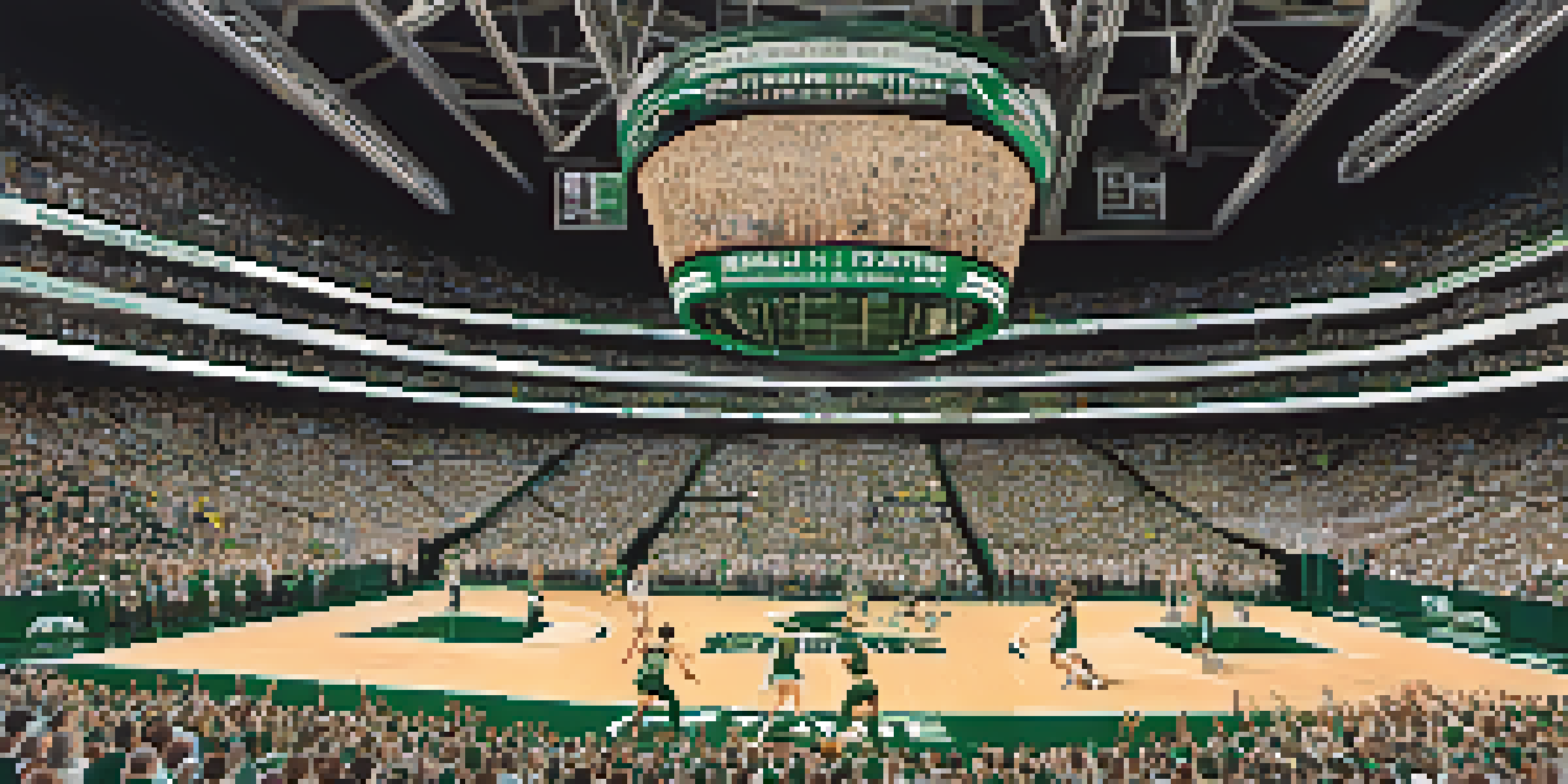 A crowded basketball arena filled with fans in green and white, cheering for Michigan State Basketball as a player takes a jump shot.