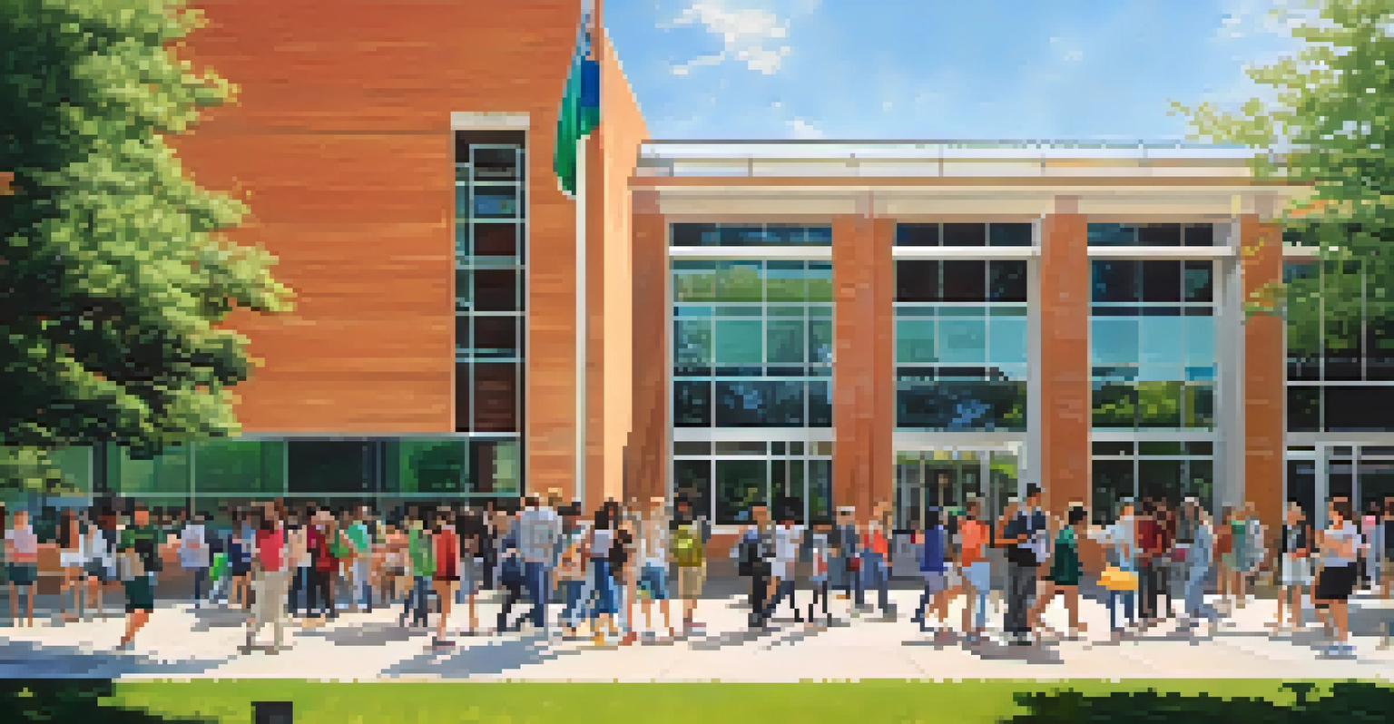 A diverse group of modern students at Michigan State University, with colorful cultural banners and contemporary buildings, enjoying a sunny day.