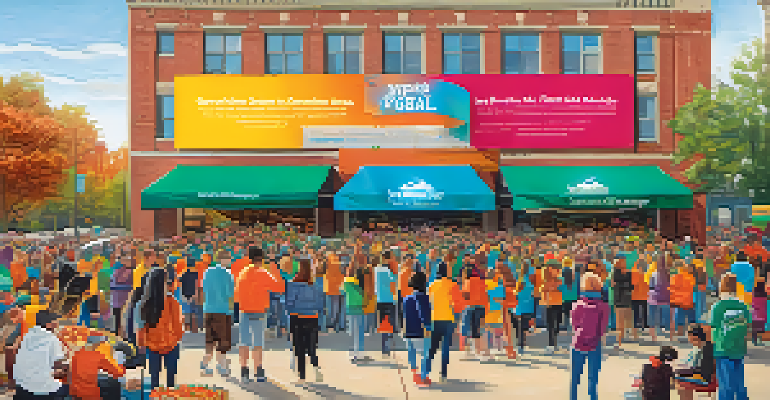 Students and community members working together to distribute meals at a food recovery program, with colorful banners and a joyful atmosphere.