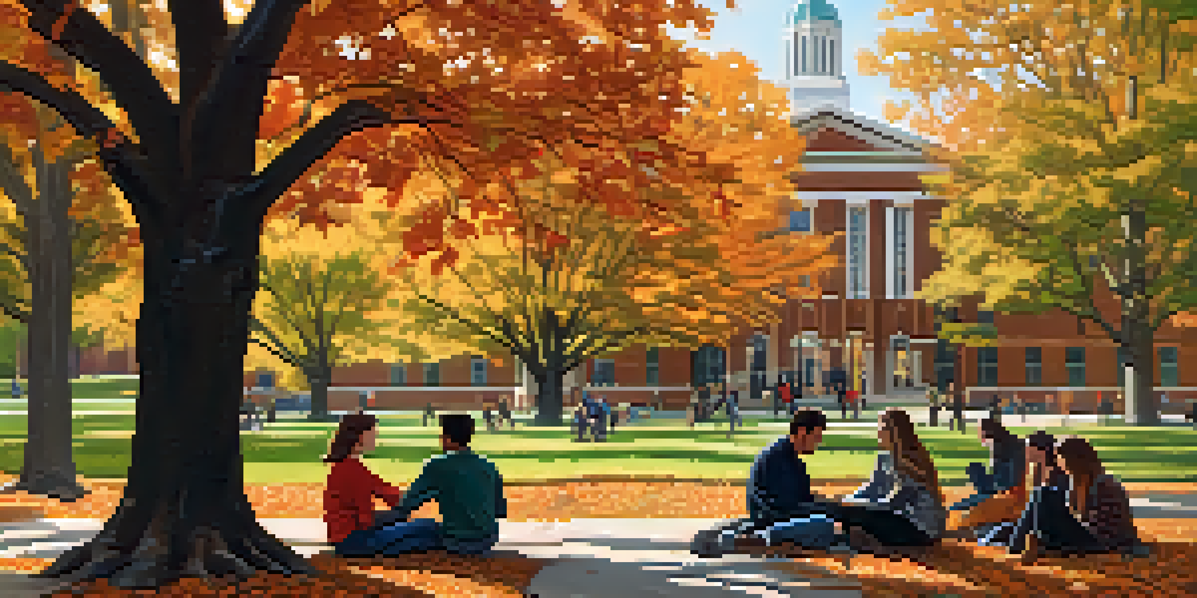 A lively campus scene at Michigan State University with students discussing under an oak tree, surrounded by autumn leaves and the MSU library in the background.