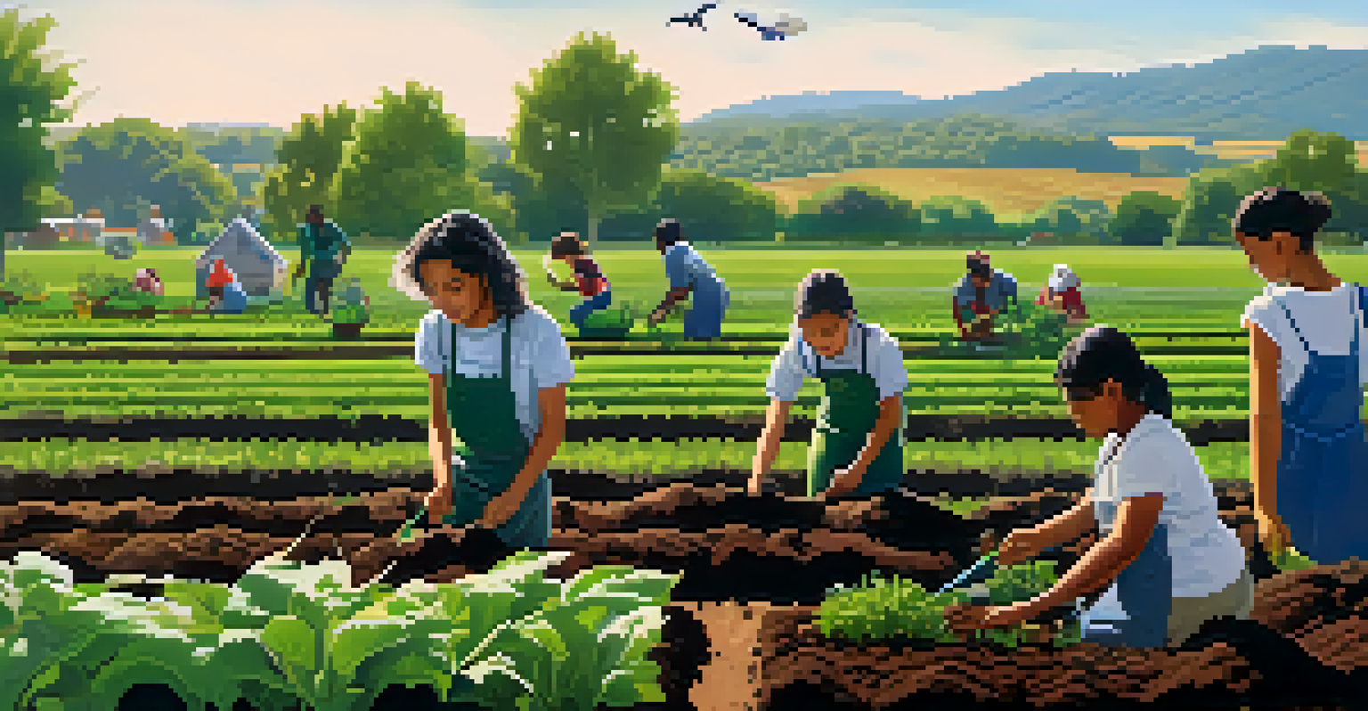 Students working together in an outdoor sustainable farming project, planting seeds in a community garden.