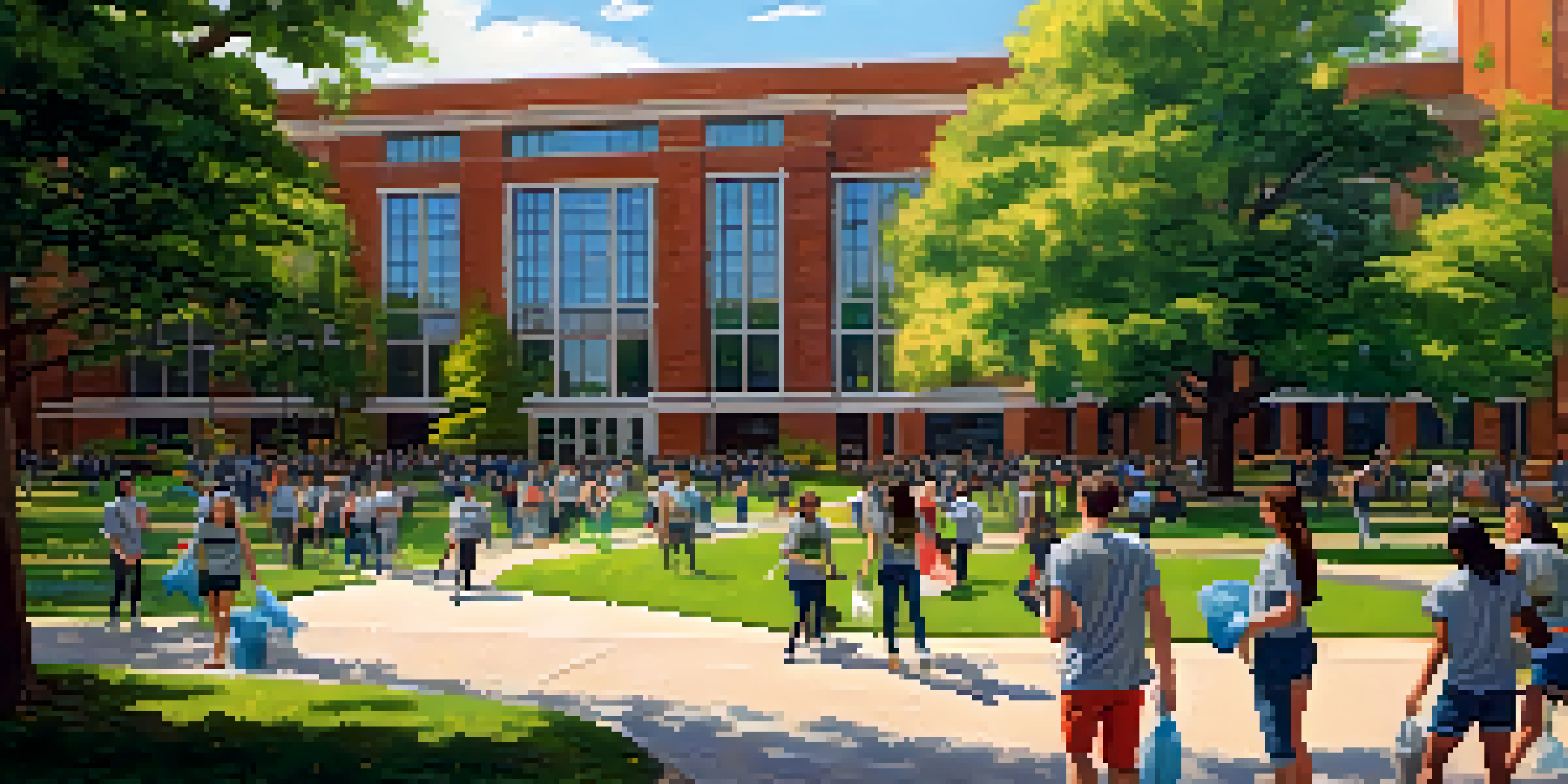 A diverse group of students cleaning up the campus at Michigan State University, with trees and buildings in the background under a clear blue sky.