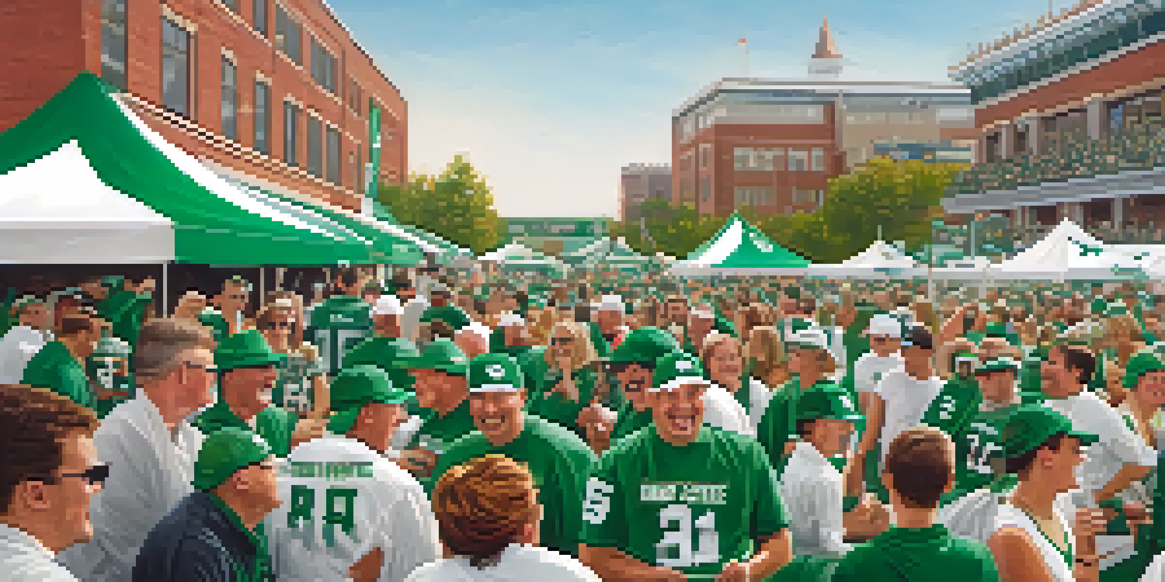 A lively tailgate party with Michigan State fans in green and white attire, cooking and playing games, set against a clear blue sky.