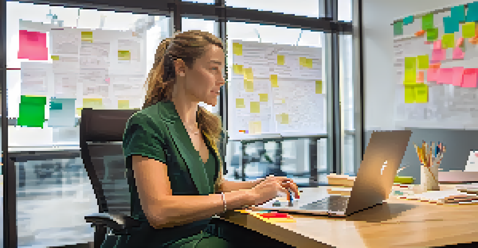 Sarah Johnson, a young entrepreneur, working on her laptop in a modern office filled with project plans and natural light.