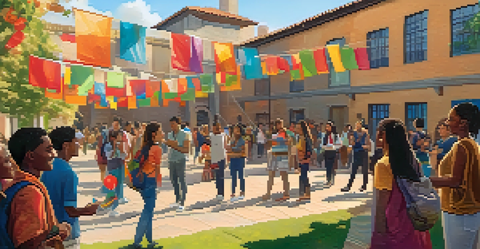 A diverse group of students interacting in a university courtyard during a cultural festival, surrounded by colorful decorations.