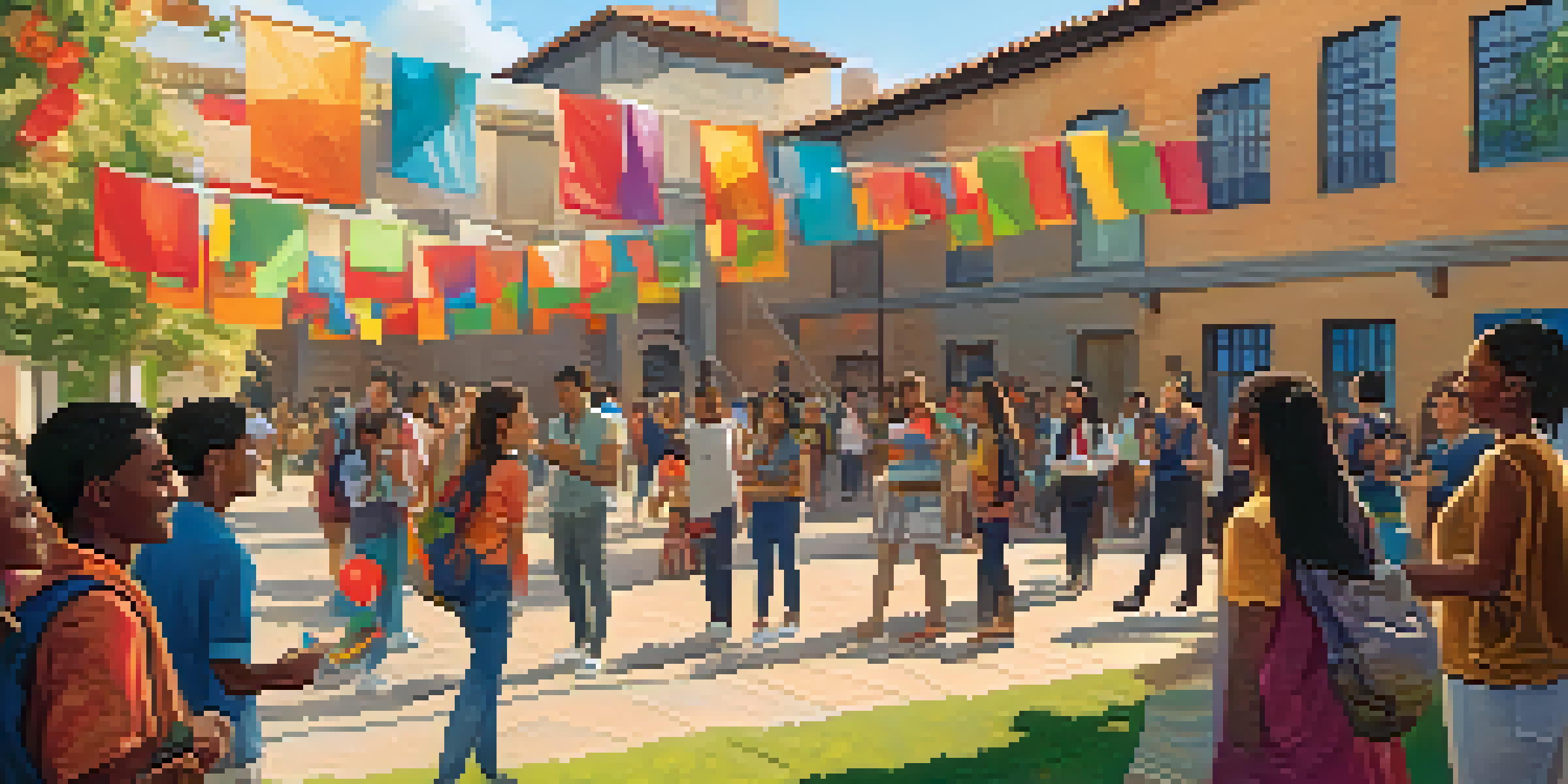 A diverse group of students interacting in a university courtyard during a cultural festival, surrounded by colorful decorations.
