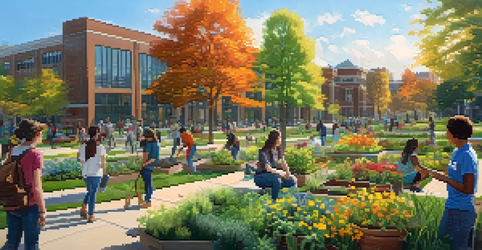 A diverse group of students at Michigan State University planting trees and working in a community garden, surrounded by greenery and colorful flowers under a sunny sky.