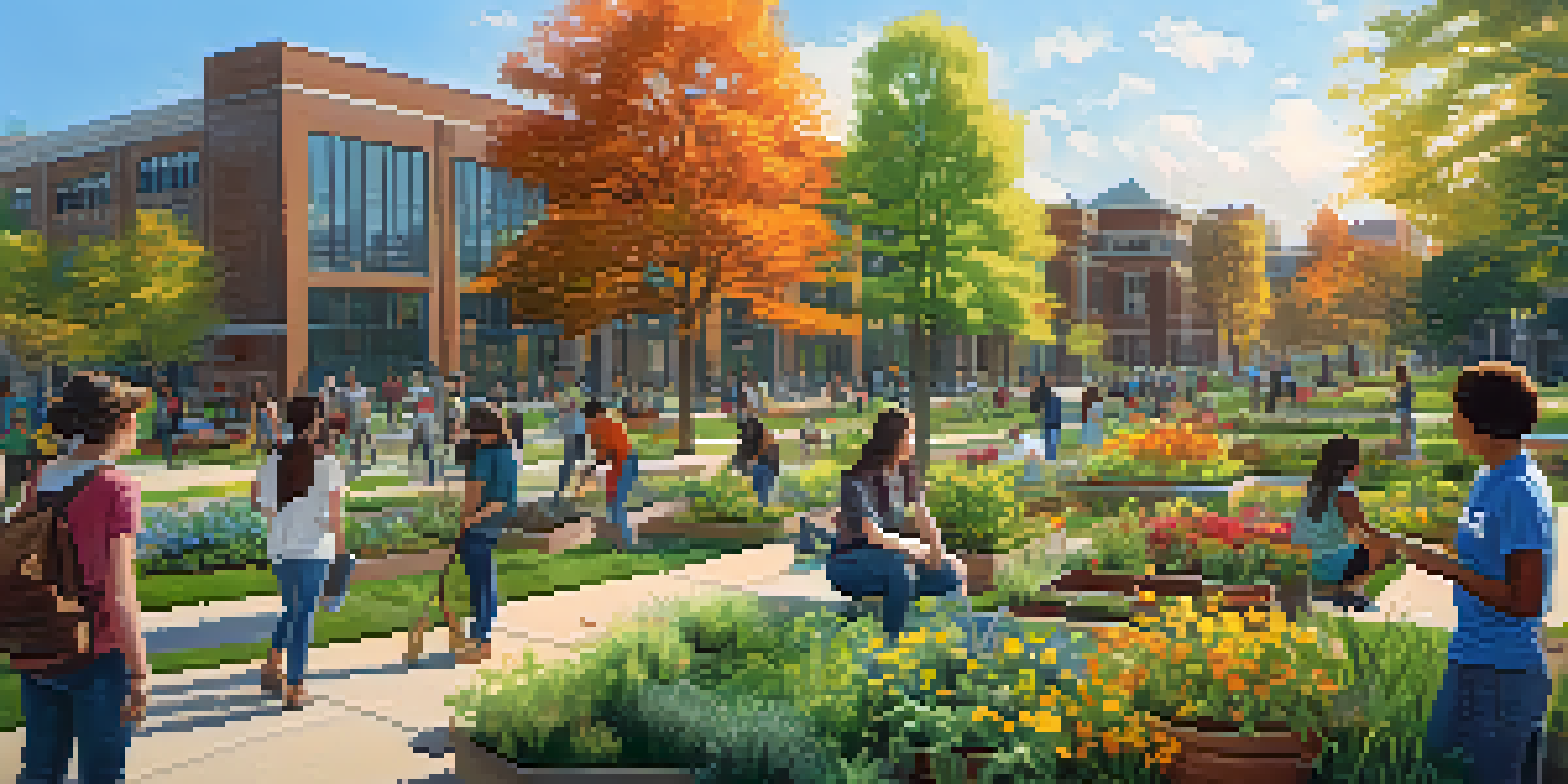 A diverse group of students at Michigan State University planting trees and working in a community garden, surrounded by greenery and colorful flowers under a sunny sky.