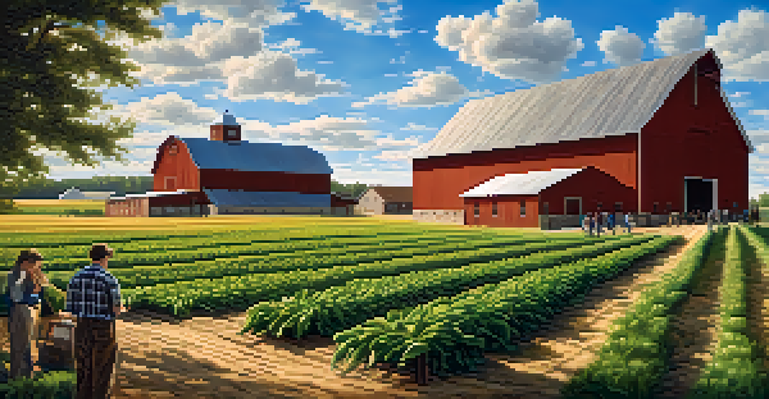 An artistic scene of the Agricultural College of the State of Michigan, showcasing a barn and students learning about agriculture in sunny fields.