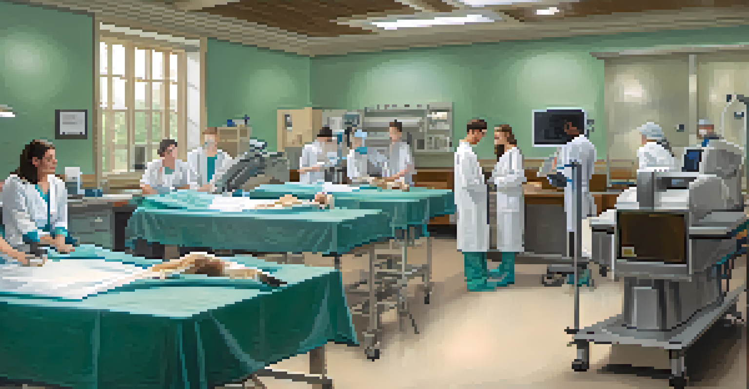 Students observing a veterinary surgery demonstration in a well-lit workshop setting, with a surgical table and an information screen.
