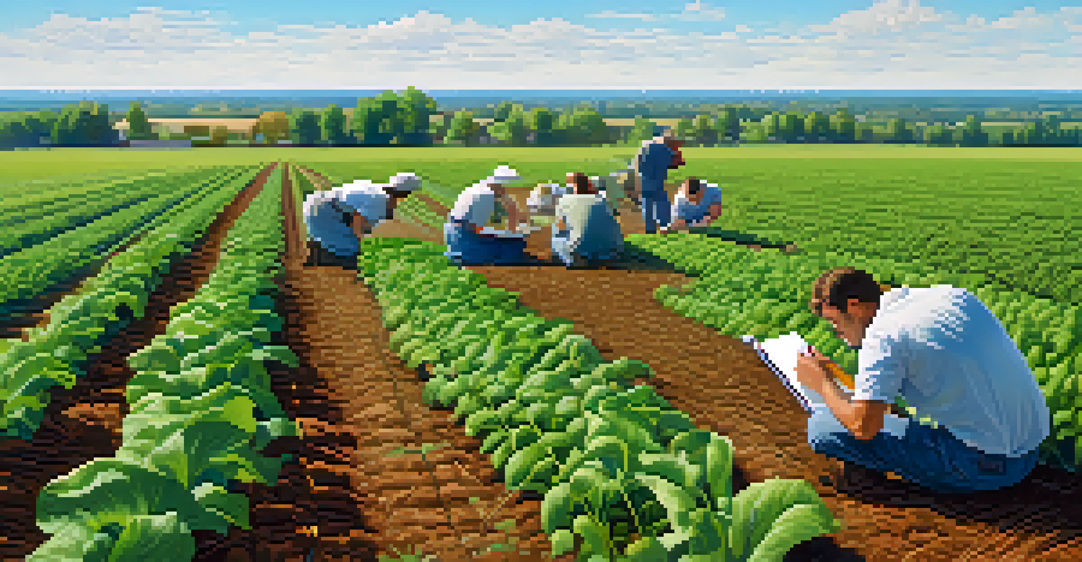 Researchers examining agricultural fields at Michigan State University under a bright blue sky.