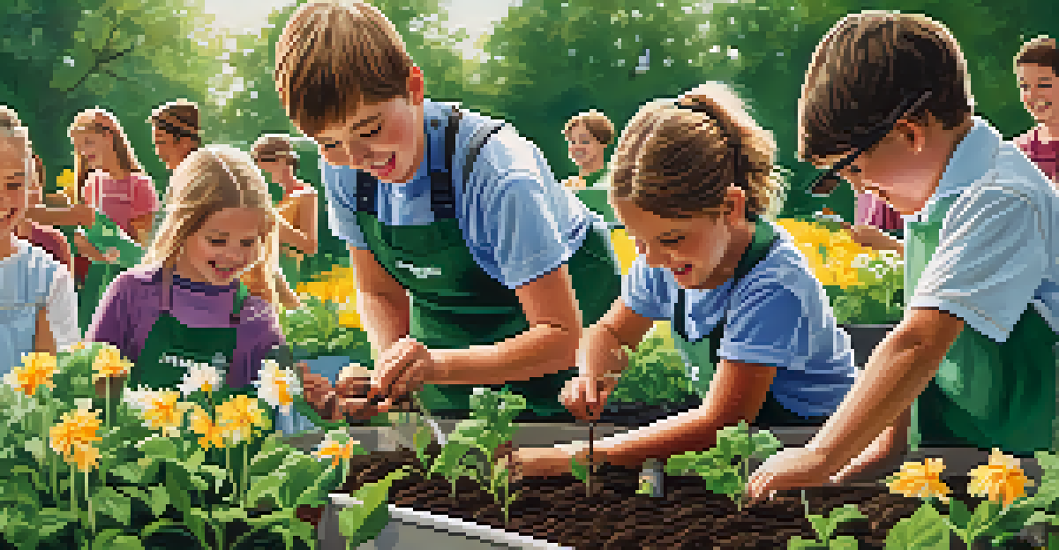 Young students happily planting seeds in a garden bed during a 4-H program, surrounded by flowers and butterflies on a sunny day.