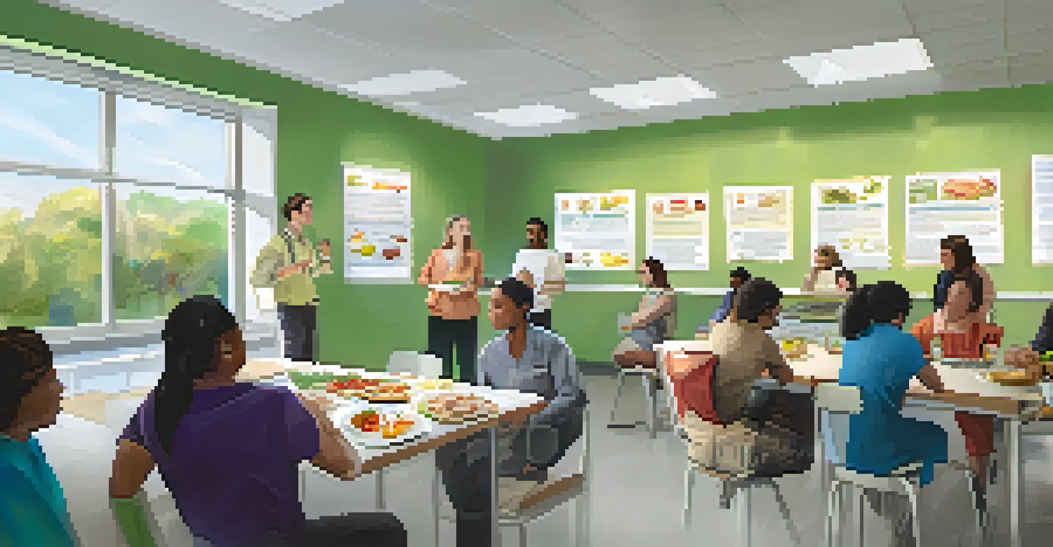 A classroom workshop on food safety with a speaker demonstrating food handling techniques to a diverse audience.