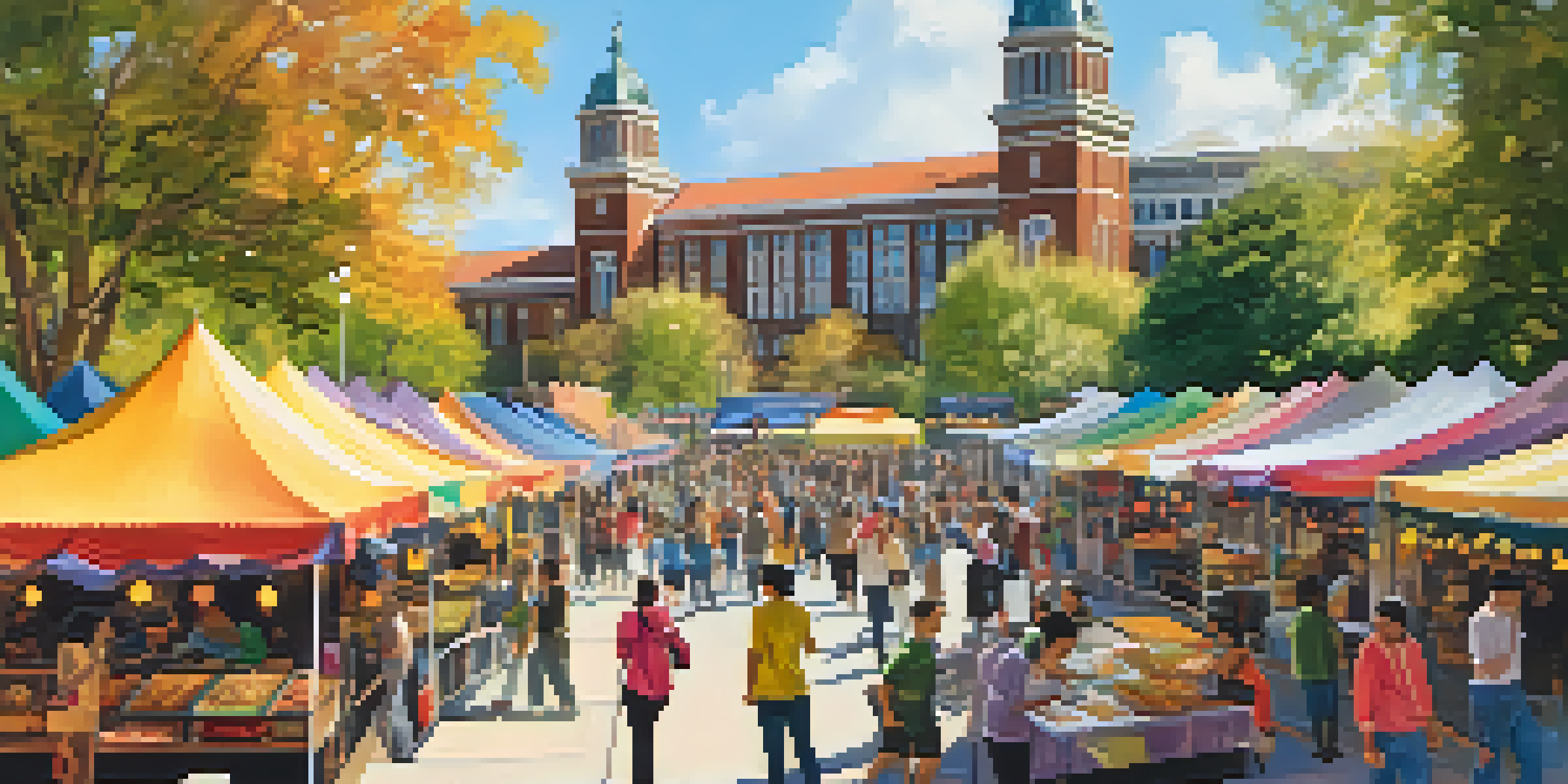 A lively cultural festival at Michigan State University with colorful booths, diverse food offerings, and people enjoying performances, set against the backdrop of campus buildings in warm sunlight.