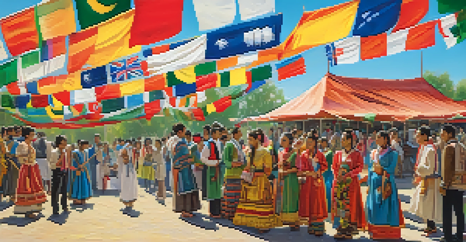 A vibrant cultural festival at a university with students in traditional attire, displaying booths of food and artifacts under blue skies.