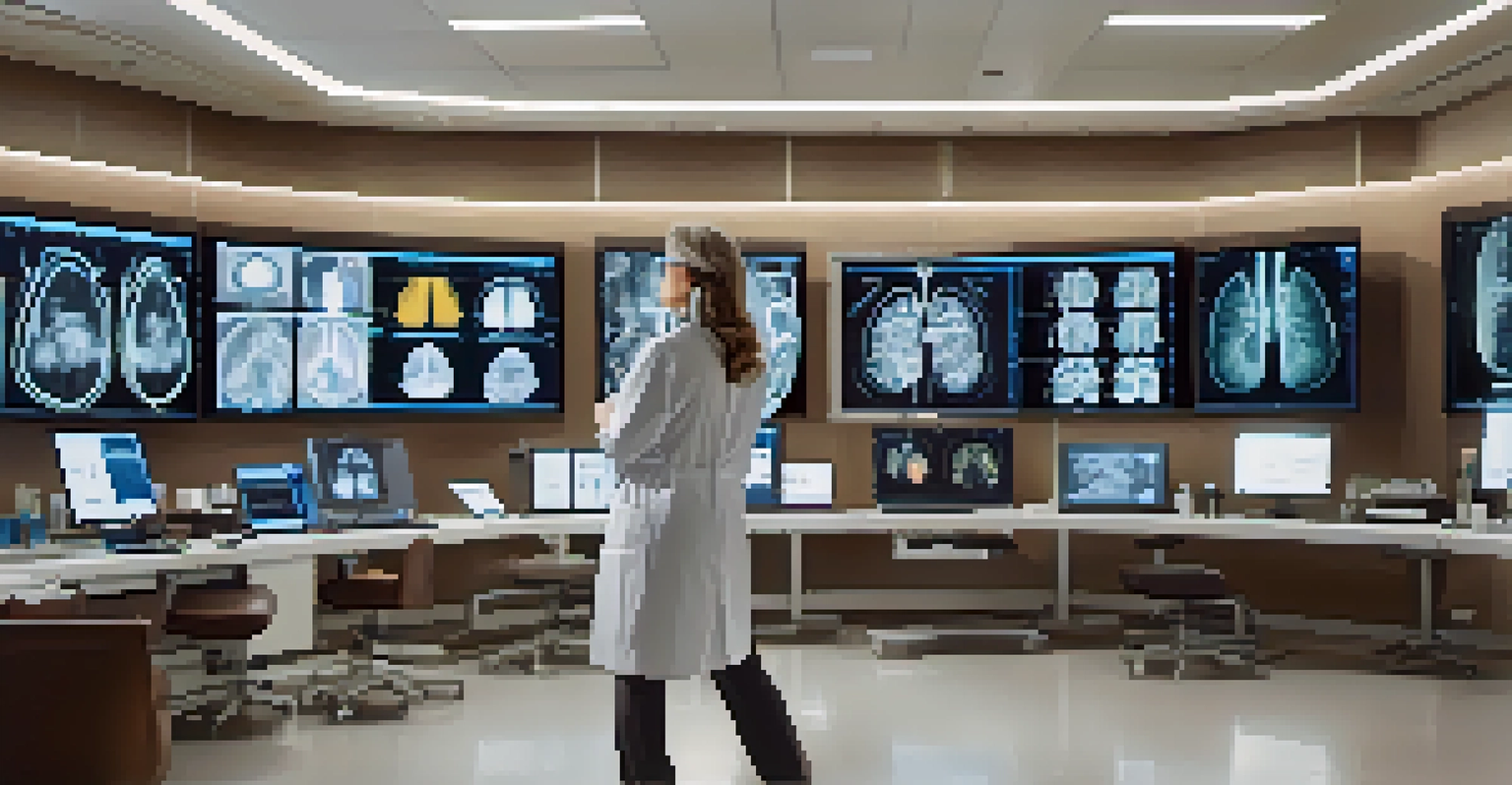 A doctor examines medical imaging data on a screen in a well-equipped healthcare room.