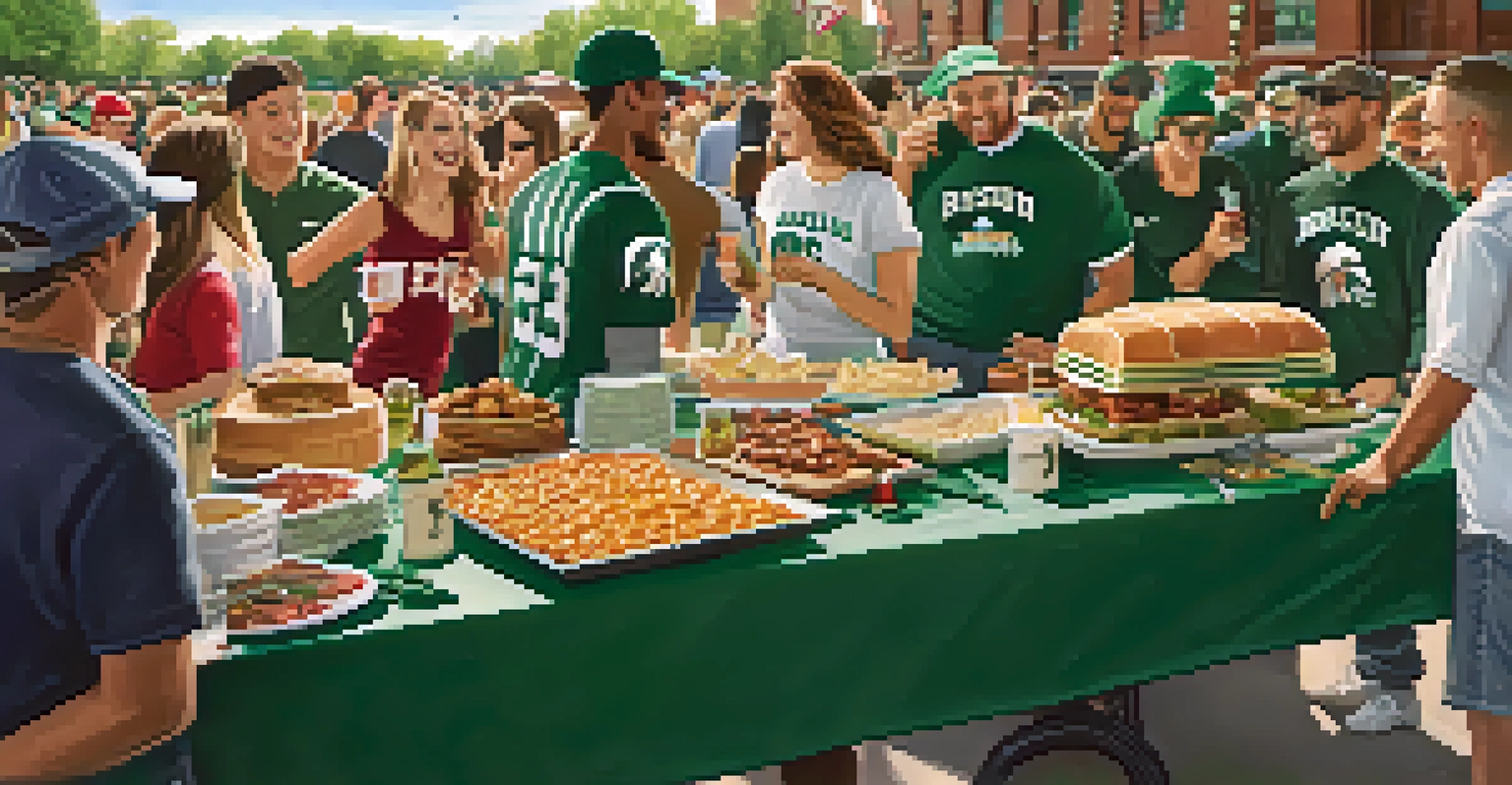 Close-up of a tailgate table filled with food and MSU merchandise, with fans enjoying themselves in the background.