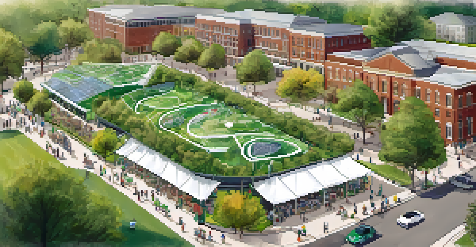 Aerial view of a campus event celebrating Sustainability Week, with booths and participants engaged in various activities.