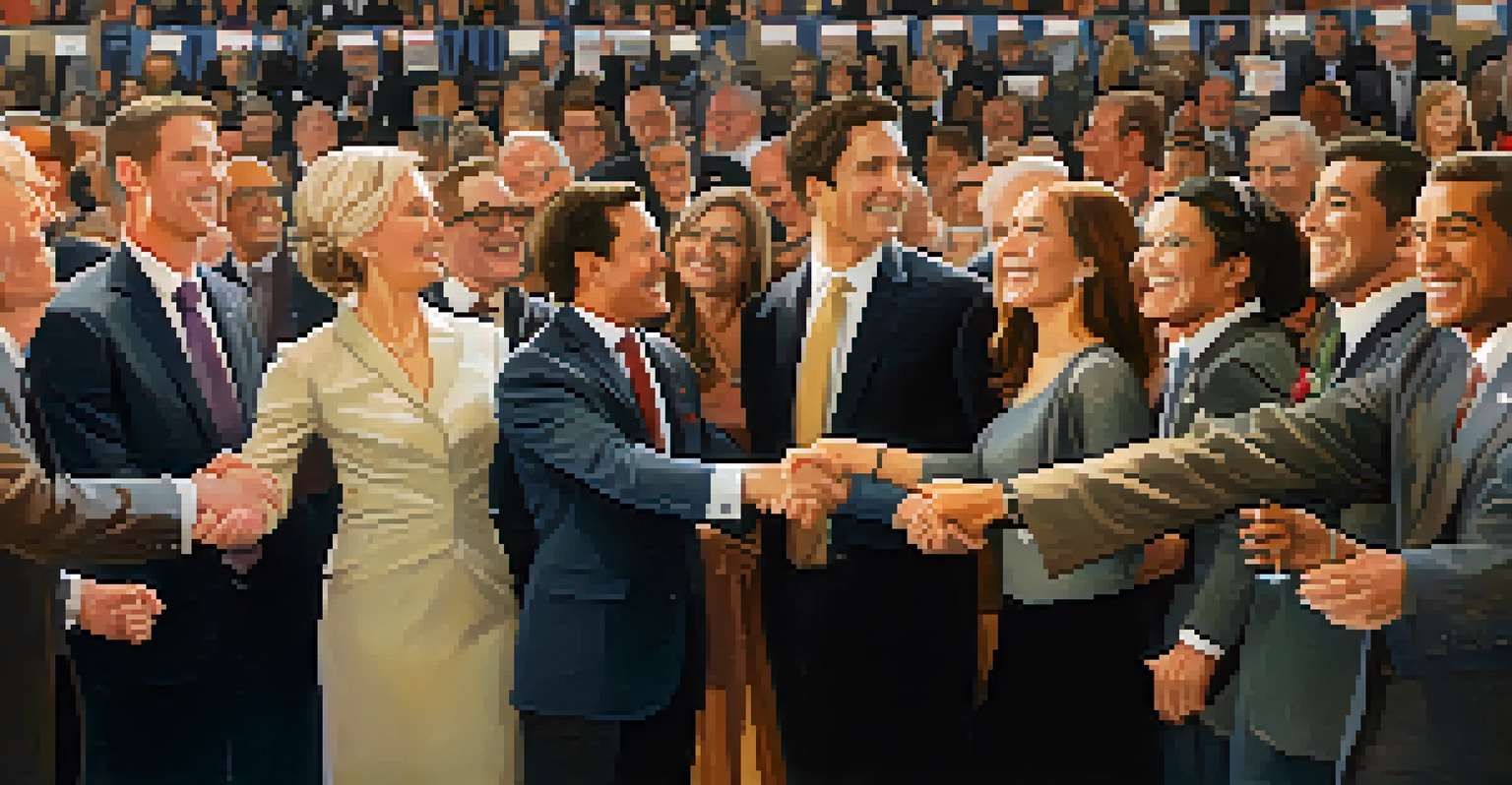 A close-up of smiling MSU alumni in formal attire at a political event, shaking hands with banners promoting civic engagement in the background.