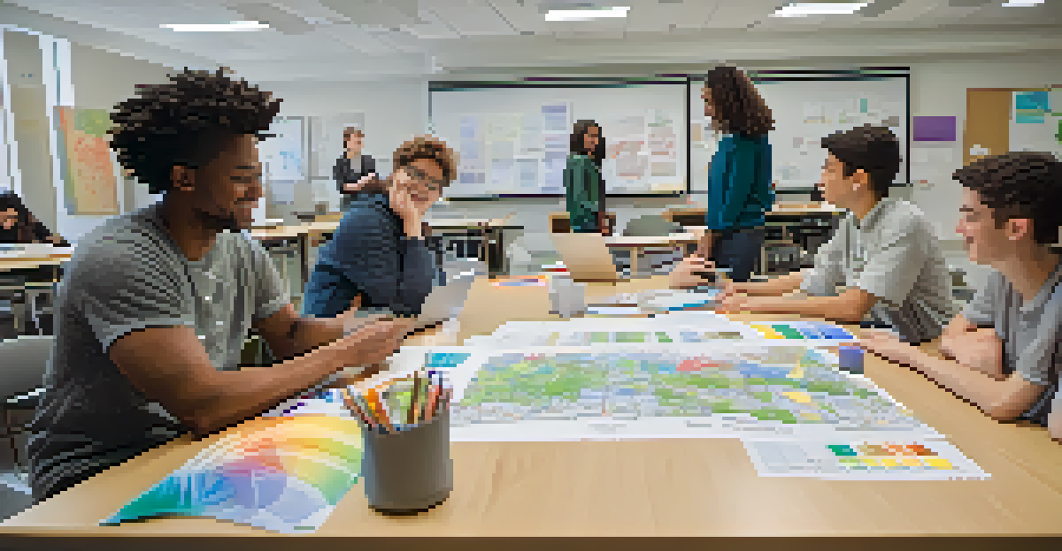 A faculty member and students collaborating on a community engagement project at a bright table filled with materials.