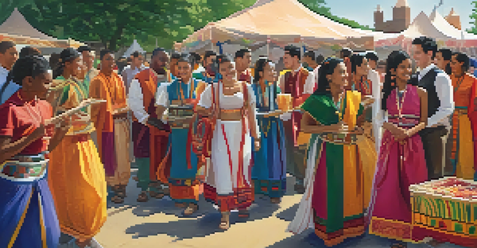 A diverse group of students in traditional attire celebrating a cultural festival at Michigan State University, surrounded by colorful decorations and food stalls.