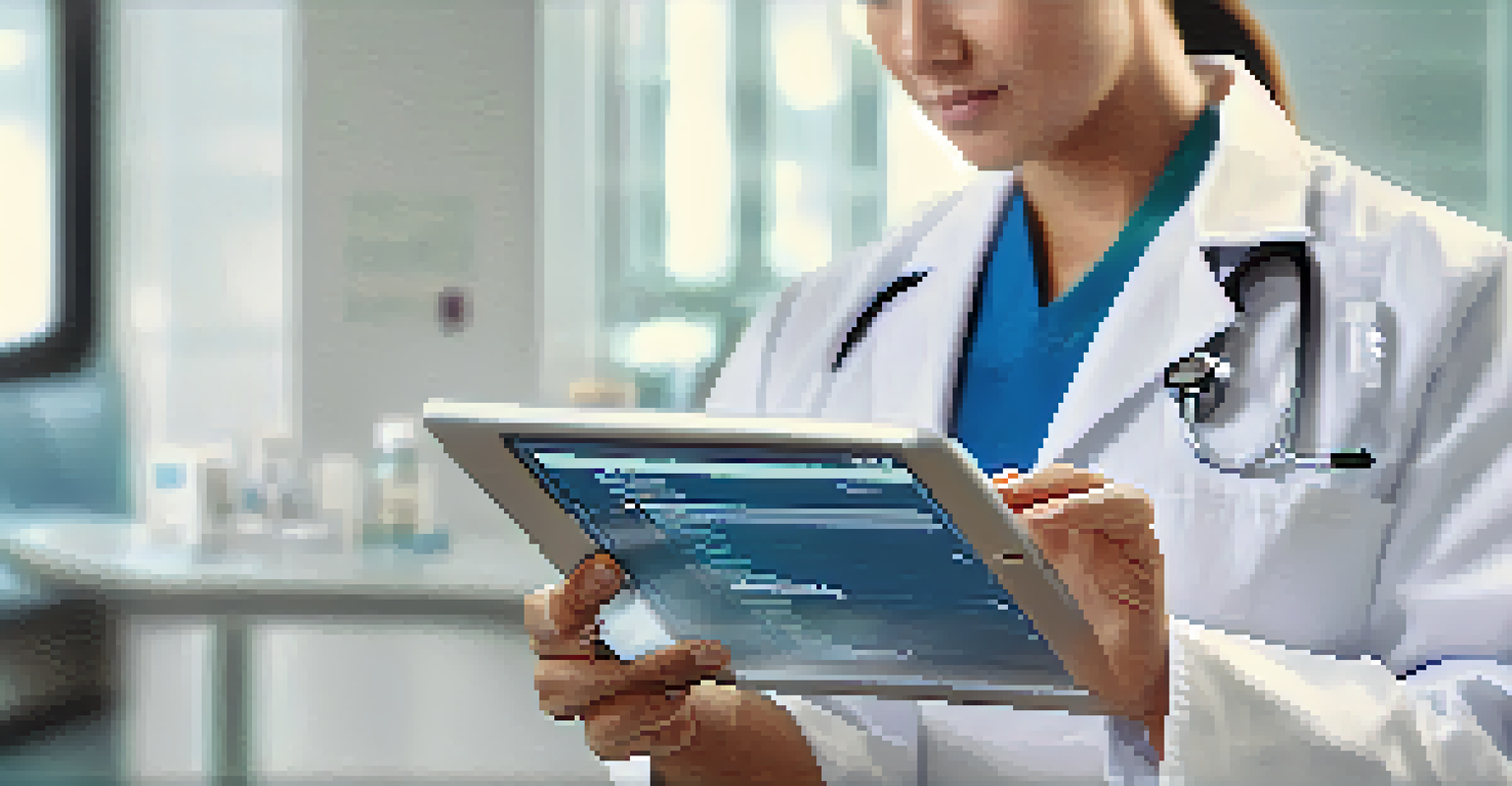 A healthcare professional using a tablet app for patient health management, with a patient in the background in a modern clinic setting.