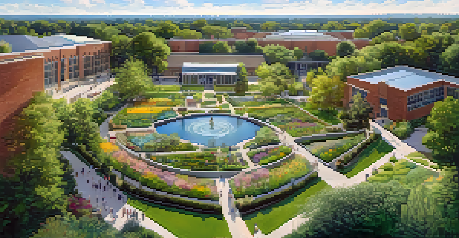 Aerial view of vibrant gardens and green spaces at Michigan State University, with students enjoying the natural surroundings.