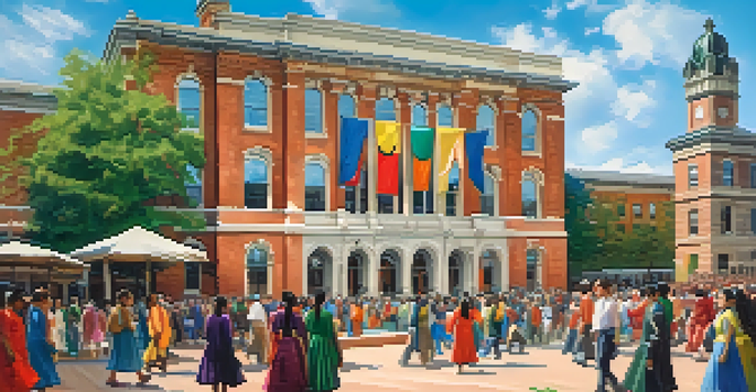 A lively cultural celebration at Michigan State University with diverse students in traditional clothing and colorful banners.