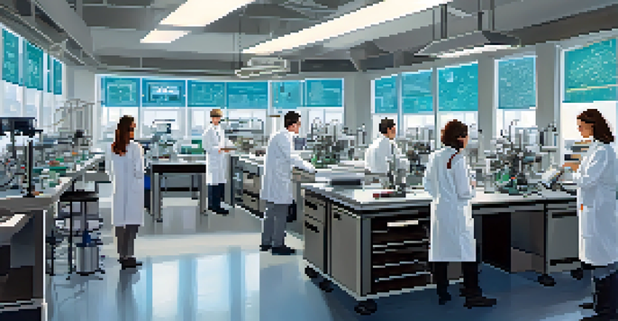 A busy research lab with scientists in white coats working together on experiments and discussing findings.