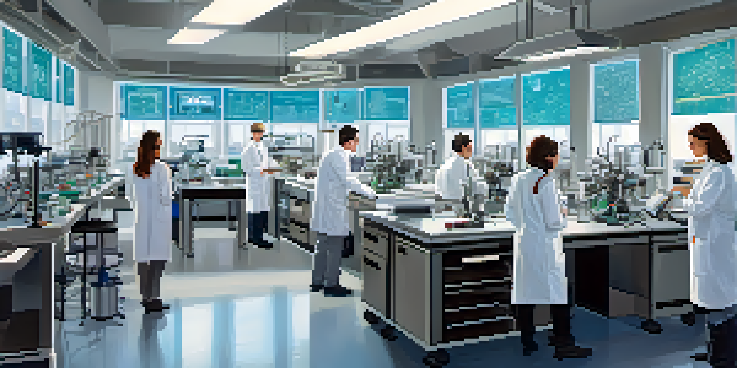 A busy research lab with scientists in white coats working together on experiments and discussing findings.