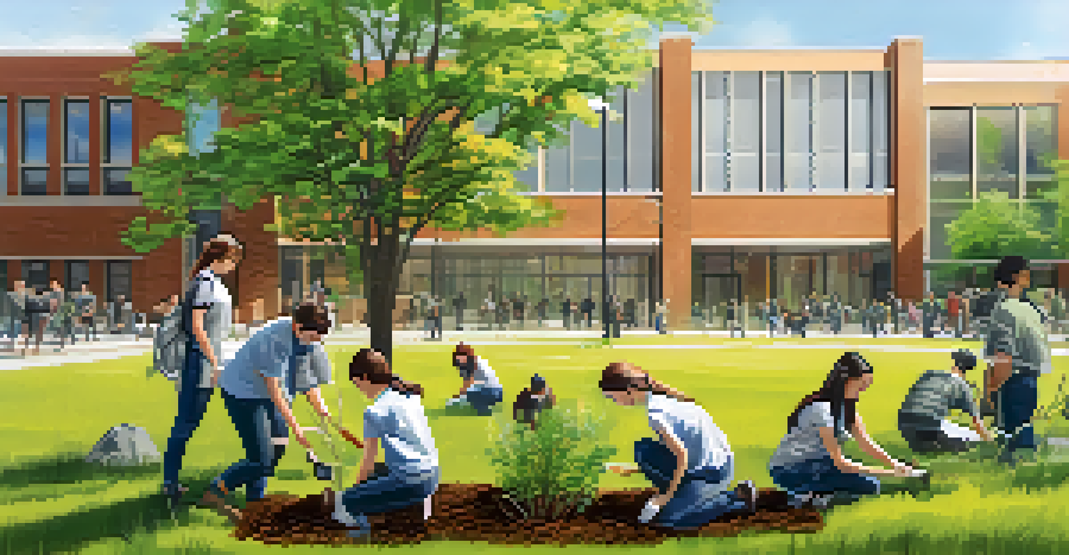 MSU students engaged in a tree planting initiative on campus with young saplings and a banner promoting environmental stewardship in the background.