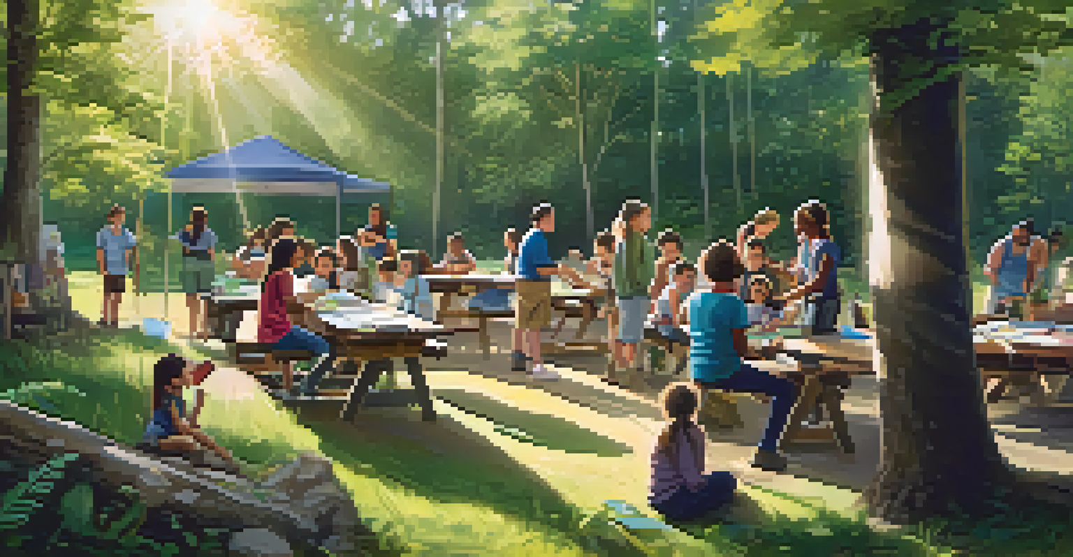 An outdoor workshop with MSU students teaching children about recycling, surrounded by greenery and educational materials.