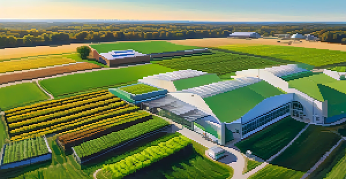 A wide view of an agricultural research facility with researchers examining crops and drones flying overhead in a bright and sunny landscape.