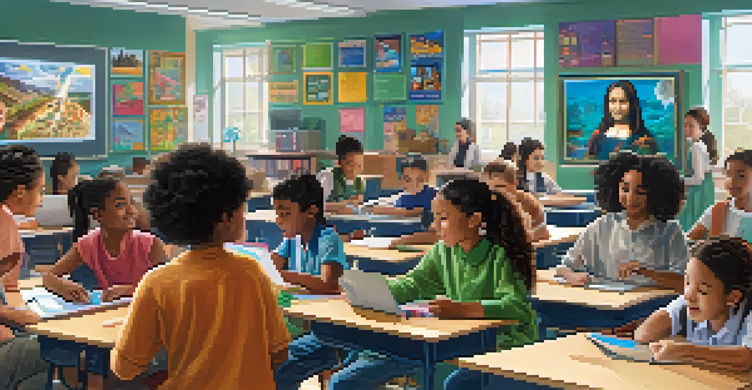 A classroom with diverse students participating in a technology-integrated lesson, surrounded by modern educational tools and a supportive teacher.