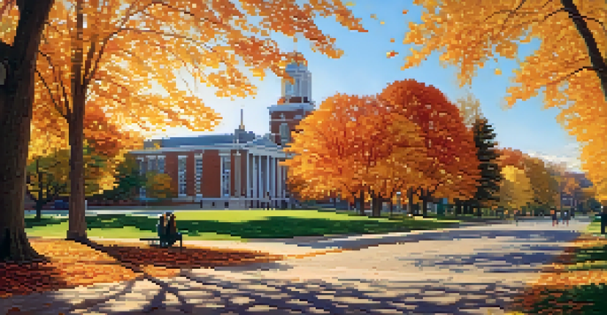 A picturesque autumn scene on the campus of Michigan State University, with students walking on a path surrounded by colorful trees and historic buildings.