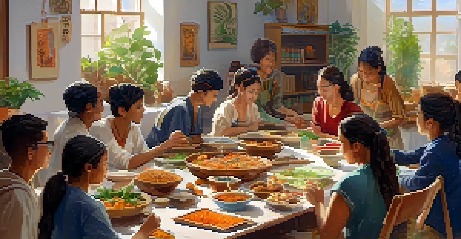 Students participating in a cultural exchange workshop, sharing traditional foods and artifacts in a bright, open space.