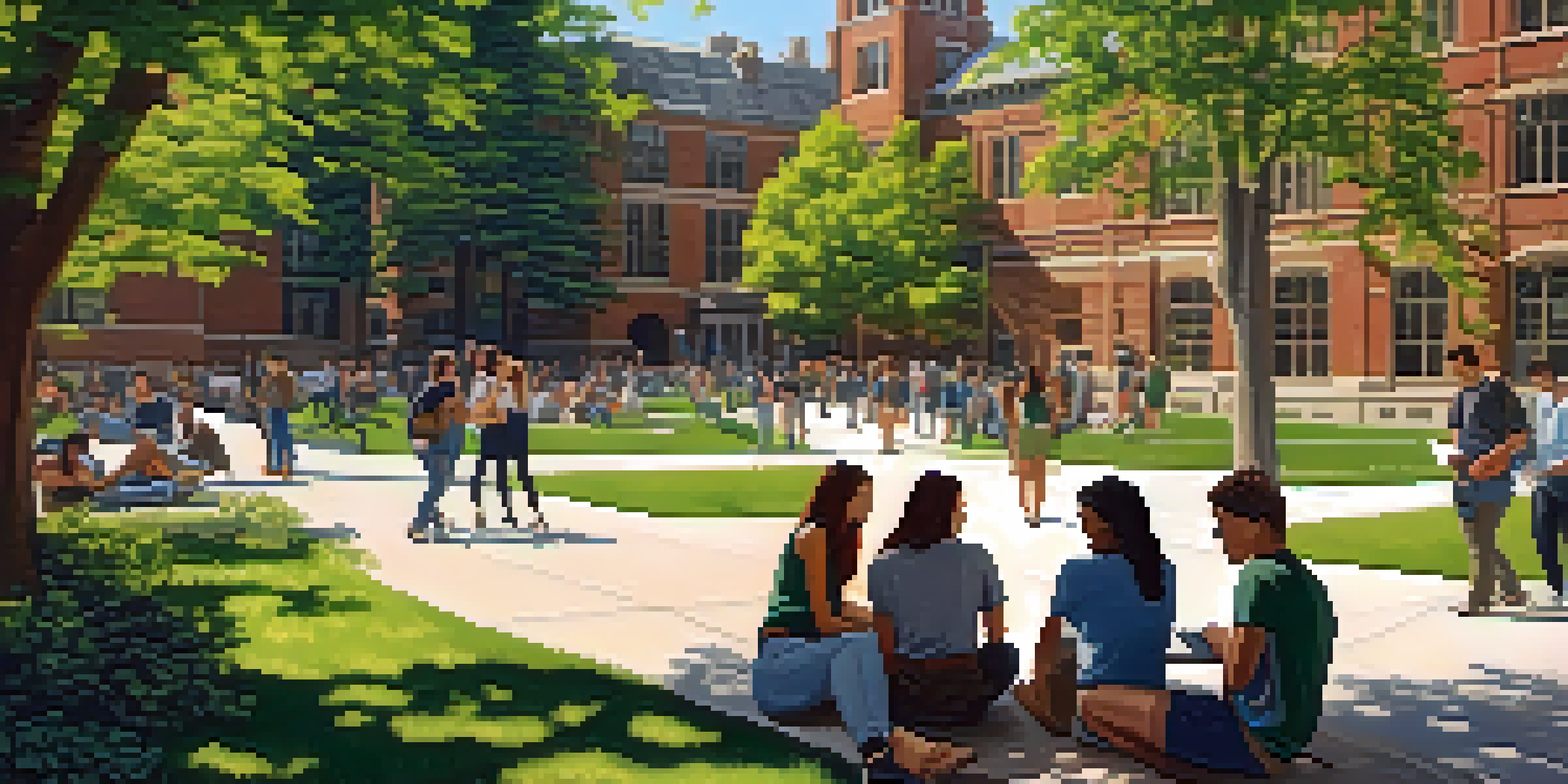 A sunny university campus with engineering students of various backgrounds collaborating on a project outdoors, surrounded by trees and historic buildings.